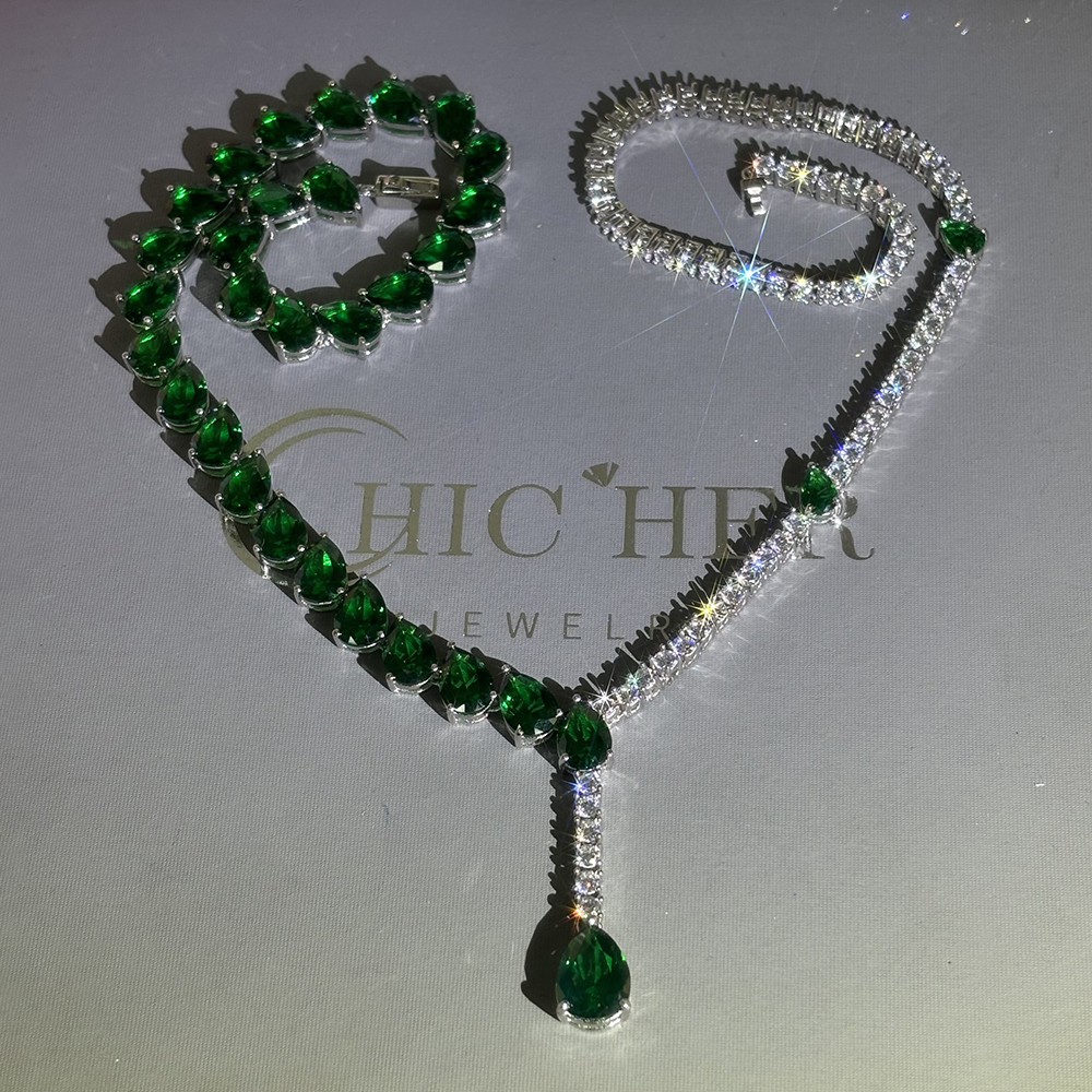 Two Tone Emerald&White Sapphire Lariat Necklace