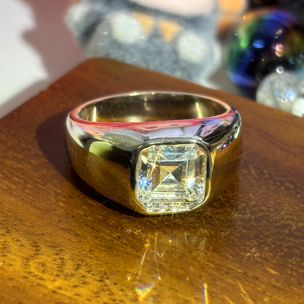 Bezel Setting 3ct Asscher Cut White Sapphire Men's Engagement Ring