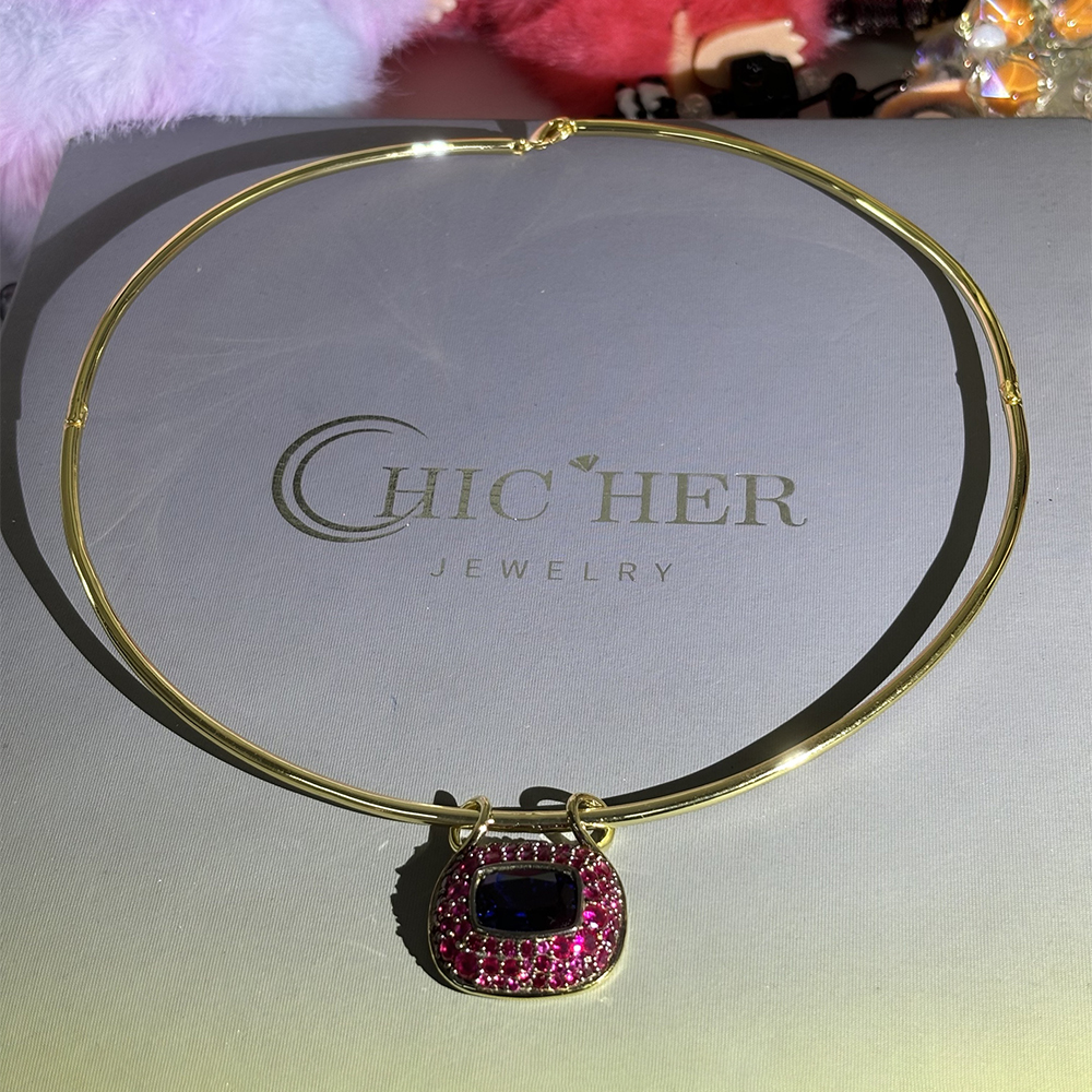 Longevity Lock Design Blue&Ruby Sapphire Two Tone Choker Necklace