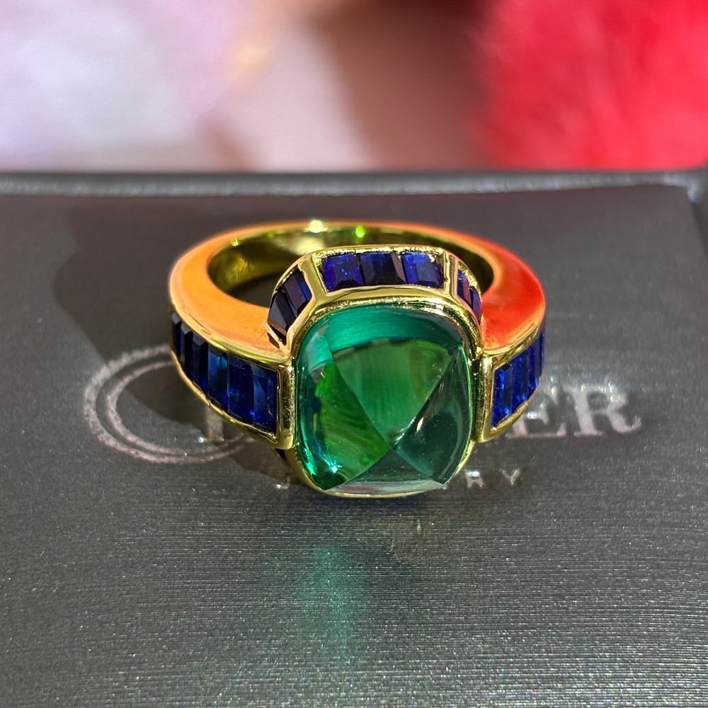 Sapphire Halo 10ct Cabochon Cut Emerald Sapphire Cocktail Ring