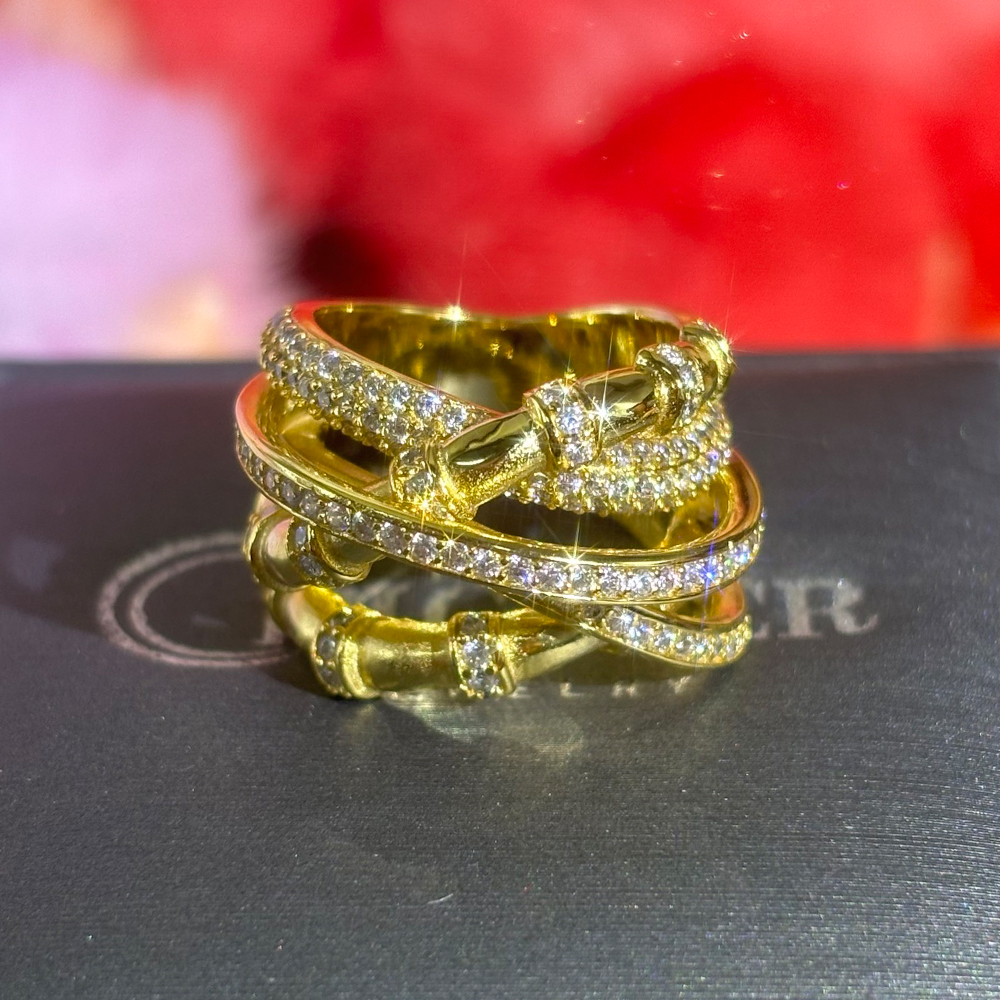 Bamboo Design 0.8ct White Sapphire Pave Ring