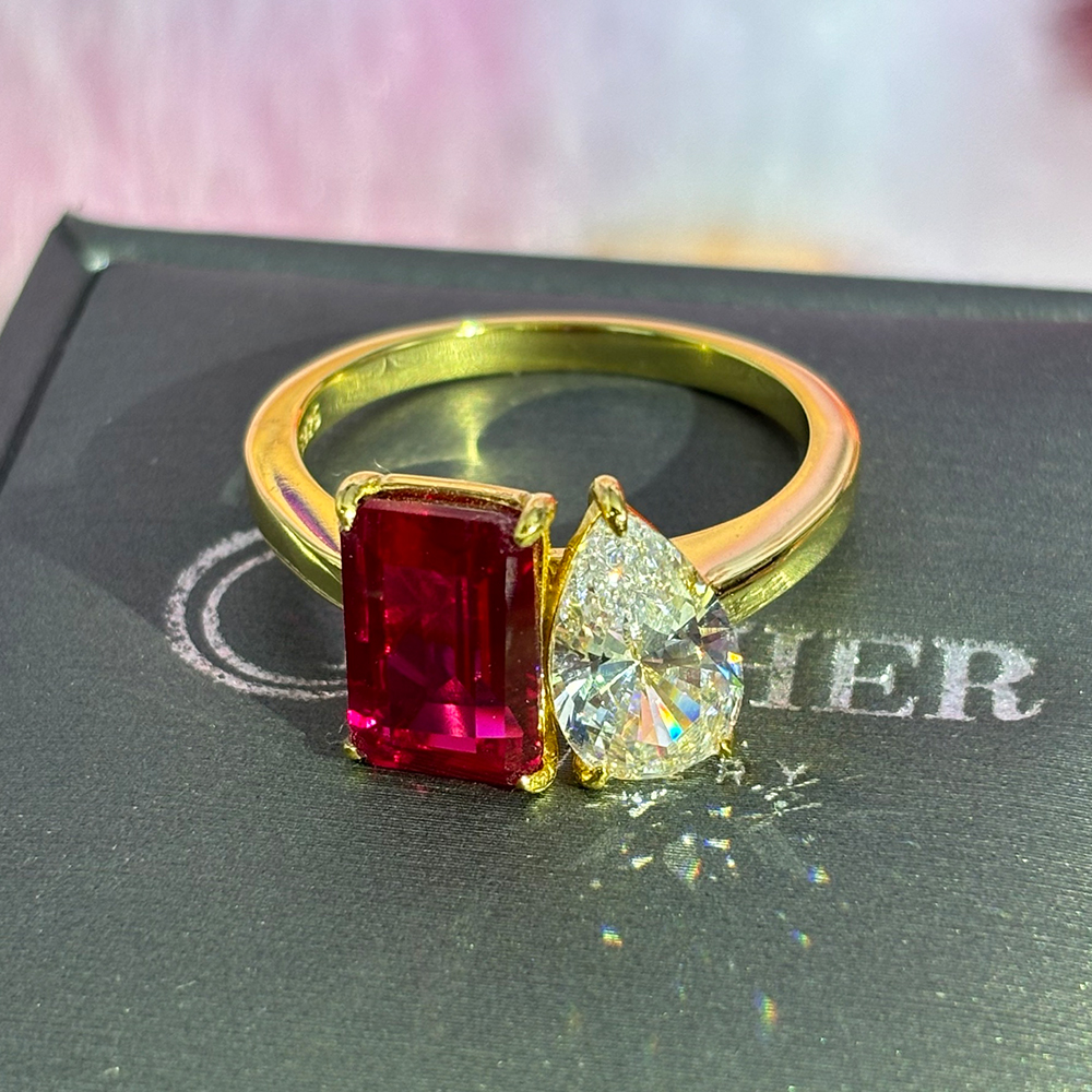 Toi et Moi 7ct Emerald&Pear Cut Ruby&White Sapphire Engagement Ring