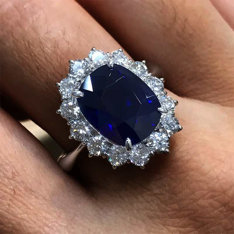 6ct  Halo Cushion Cut Blue Sapphire Engagement Ring