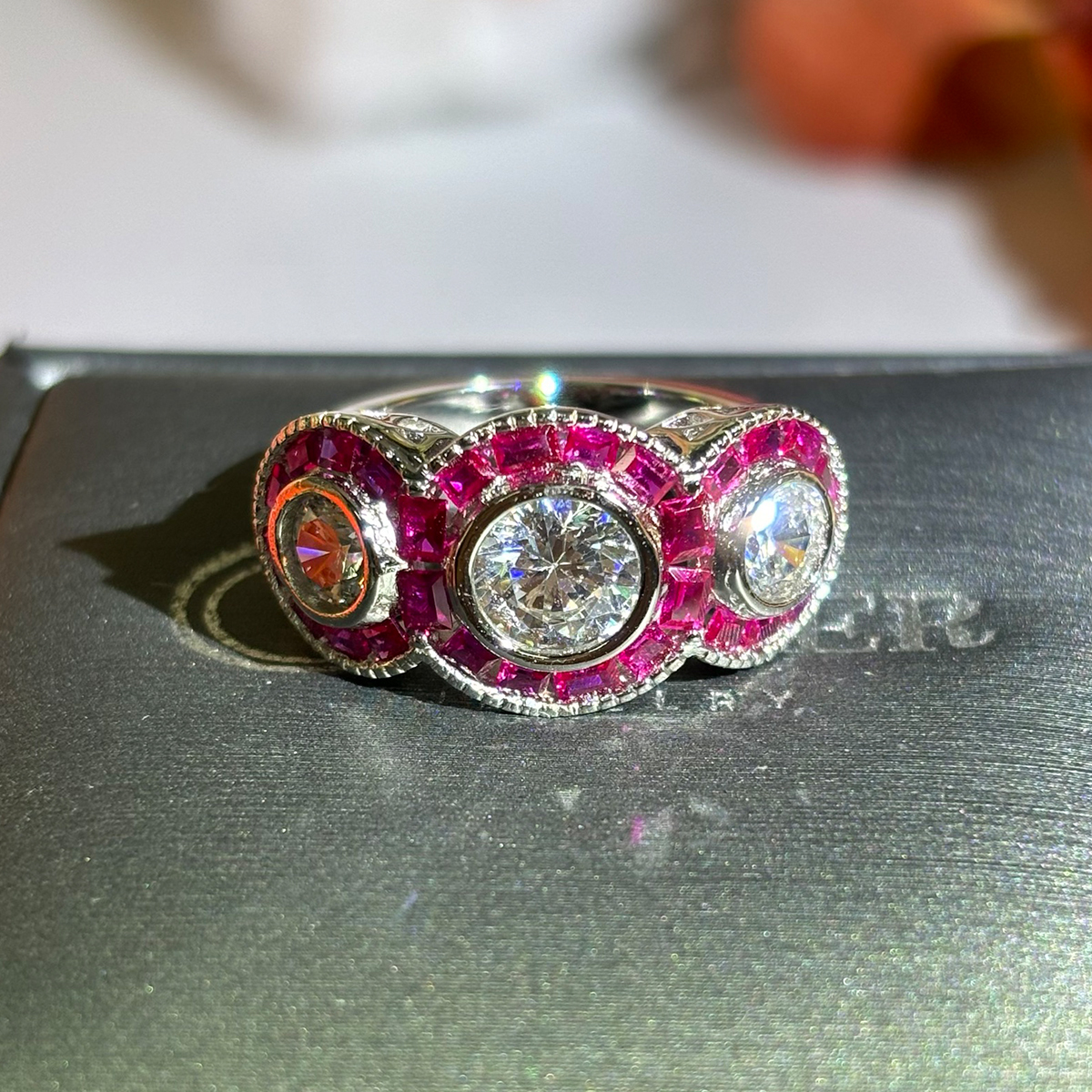 Art Deco Ruby Halo 5ct Round Cut White Sapphire Three Stone Ring