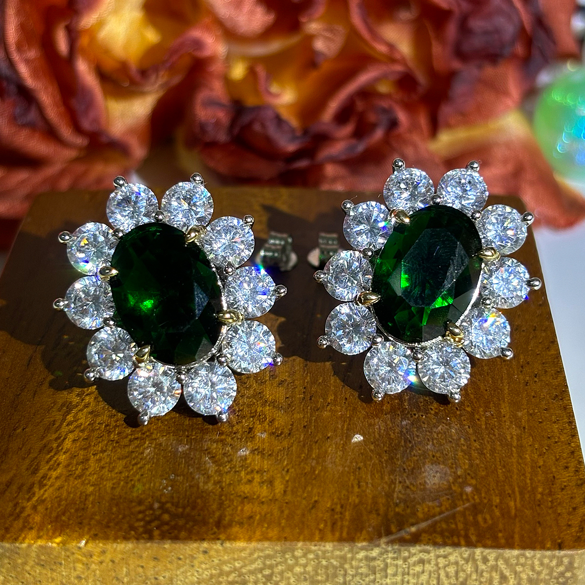 Halo Oval Cut Emerald Green Sapphire Stud Earrings