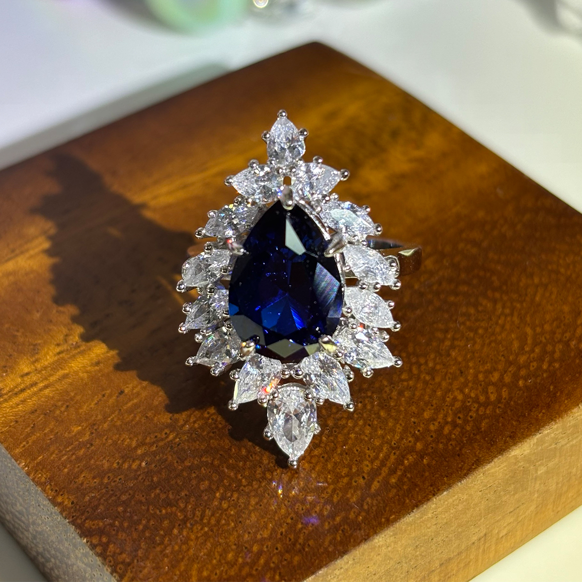 2.5ct Halo Pear Cut Sapphire Ring in 925 Sterling Silver