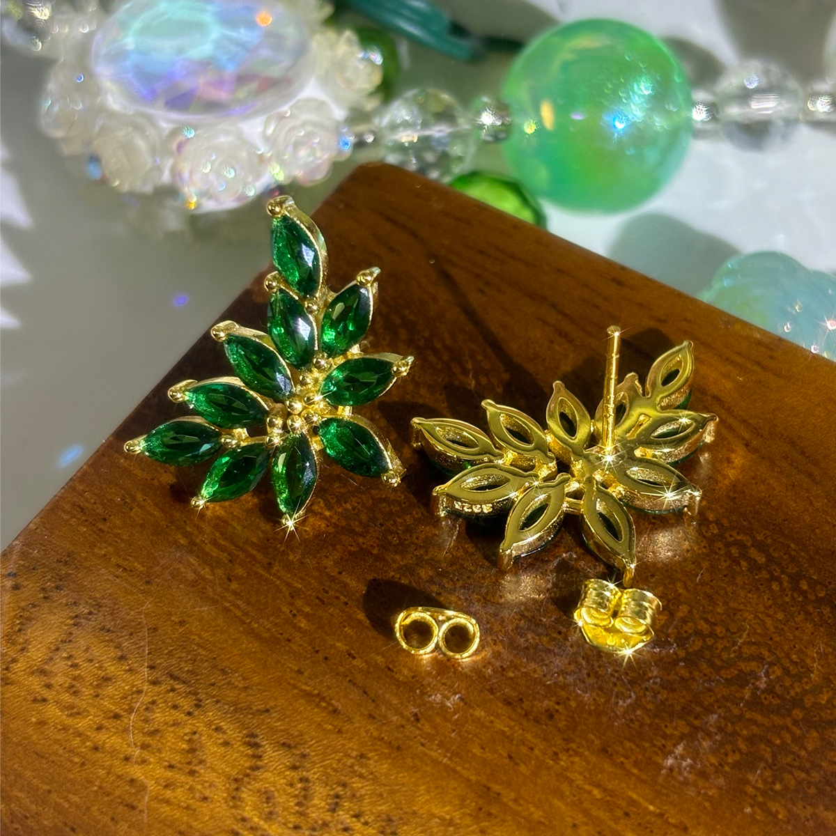 Vintage Marquise Cut Emerald Sapphire Stud Earrings