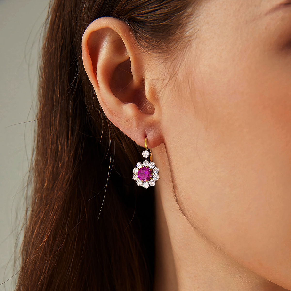 Round Cut Ruby Sapphire Cluster Earrings