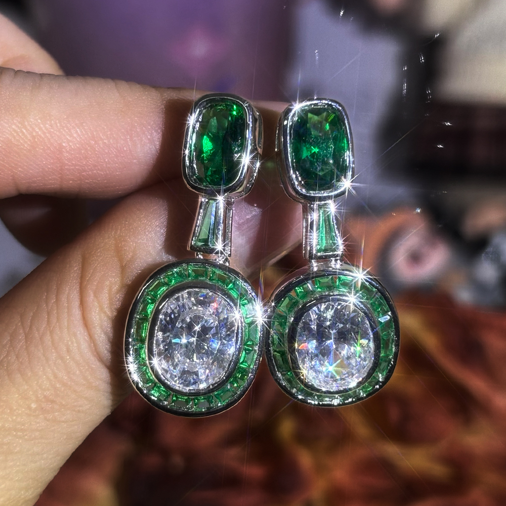 Art Deco Two Tone Yellow&Emerald Sapphire Dangle Earrings