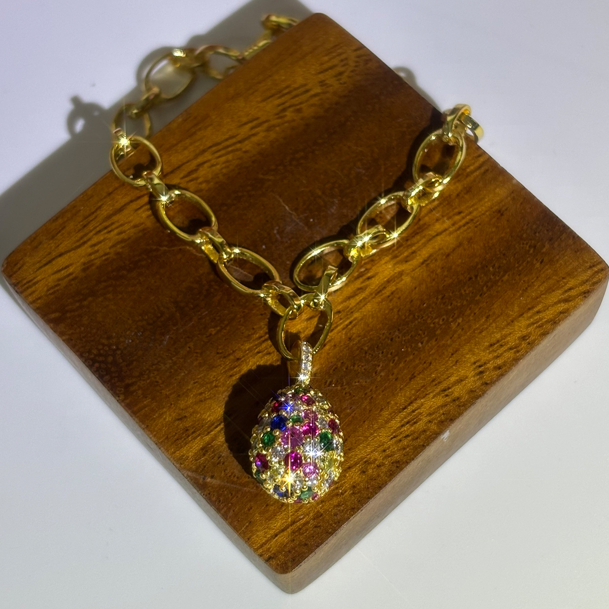 Egg Pendant Round Cut Rainbow Sapphire Chain Bracelet