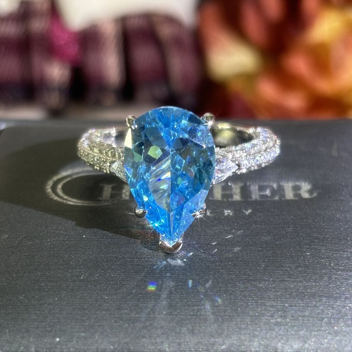 6ct Three-stone Pear Cut Blue Sapphire Engagement Ring