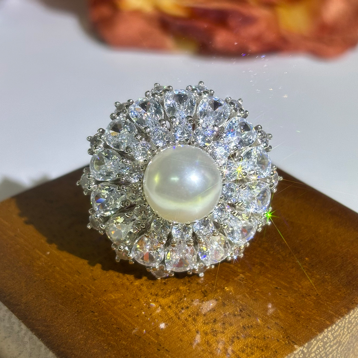12mm Pearl Pear&Round Cut White Sapphire Cocktail Ring