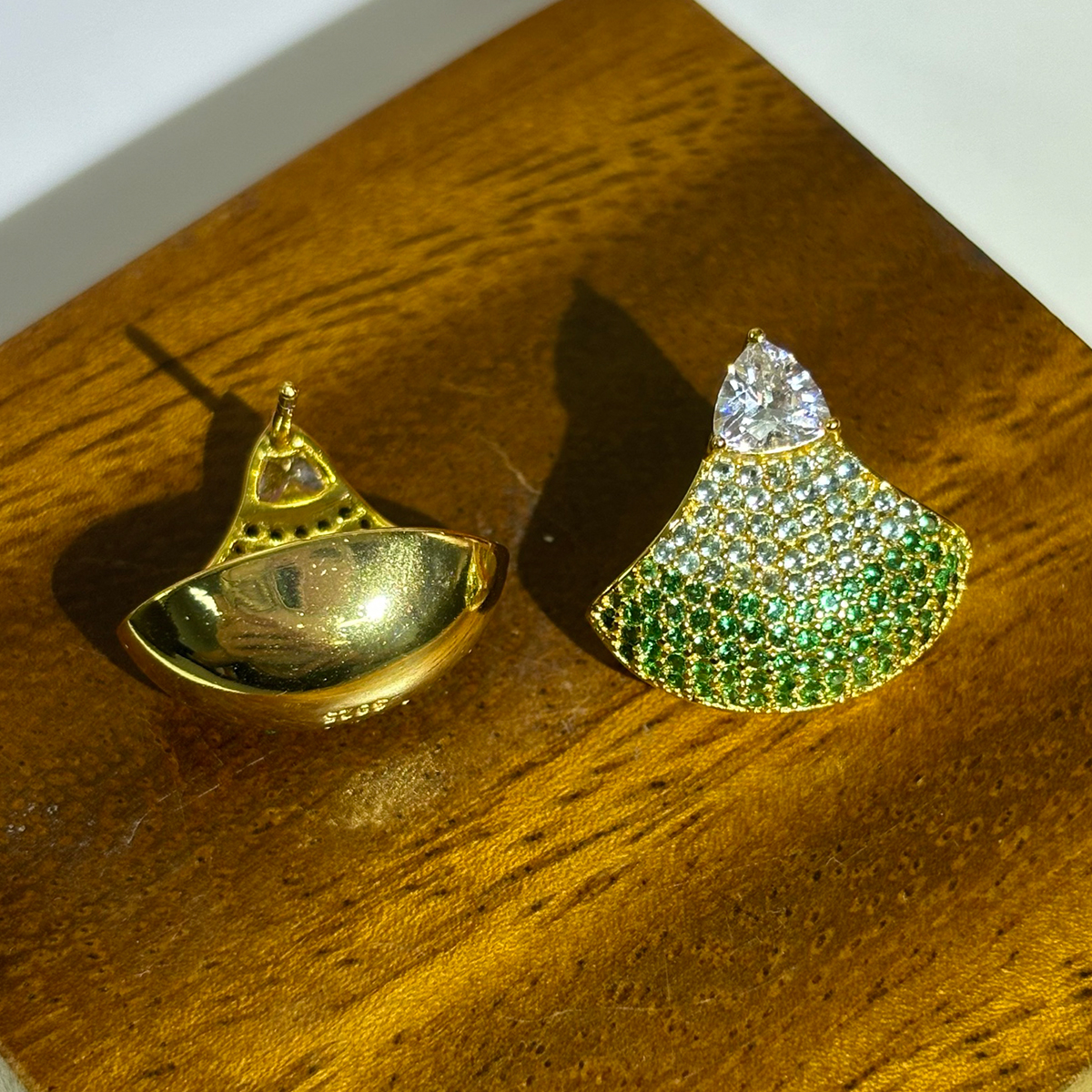 Fan Shape Gradient Emerald Sapphire Pave Stud Earrings