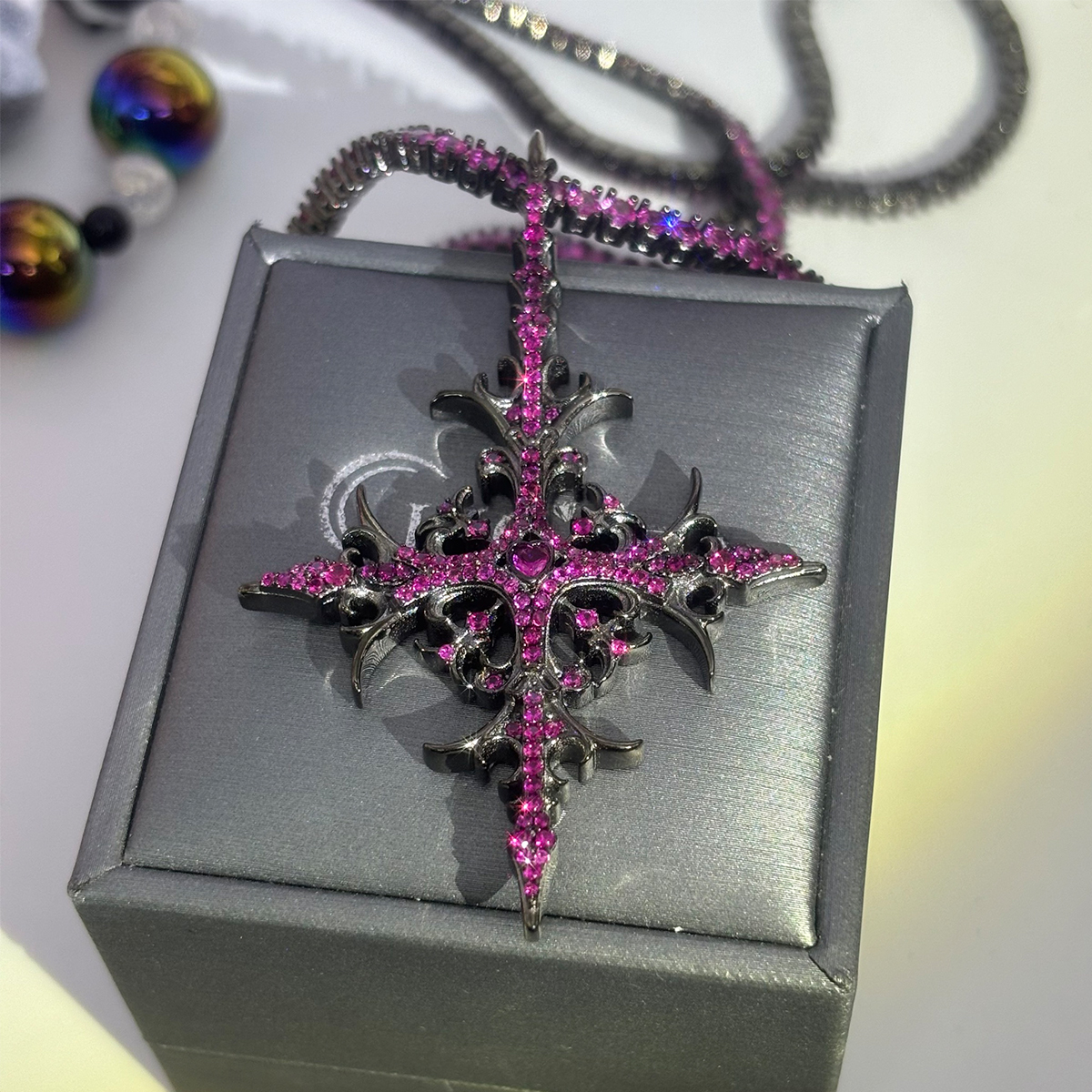 Hip Hop Purple Sapphire Cross Pendant Necklace for Men