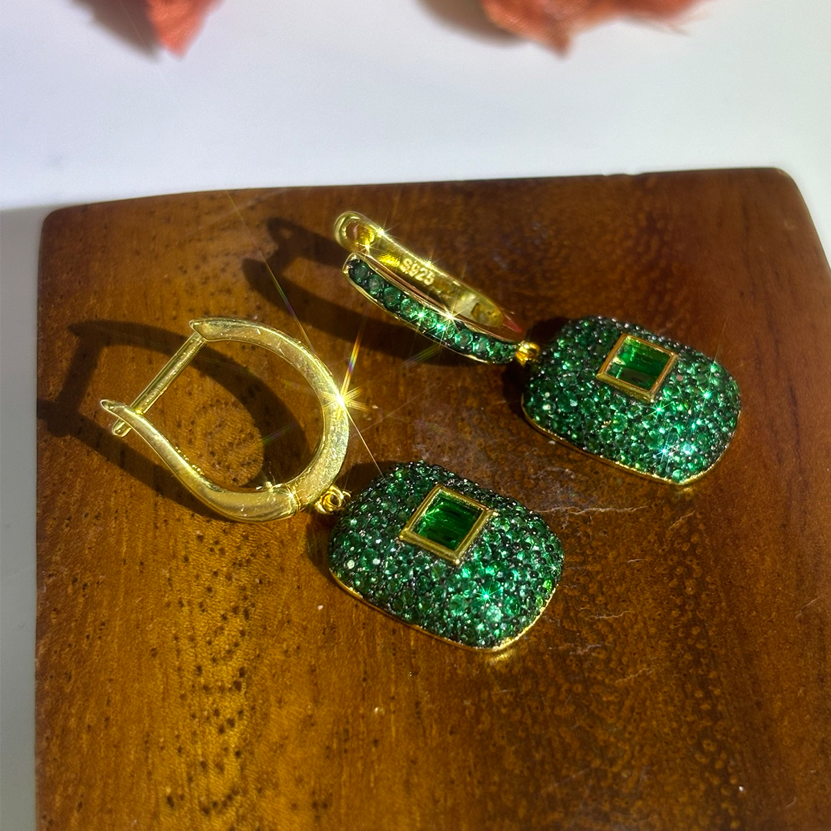 Micro Pave Setting Emerald Sapphire Dangle Earrings