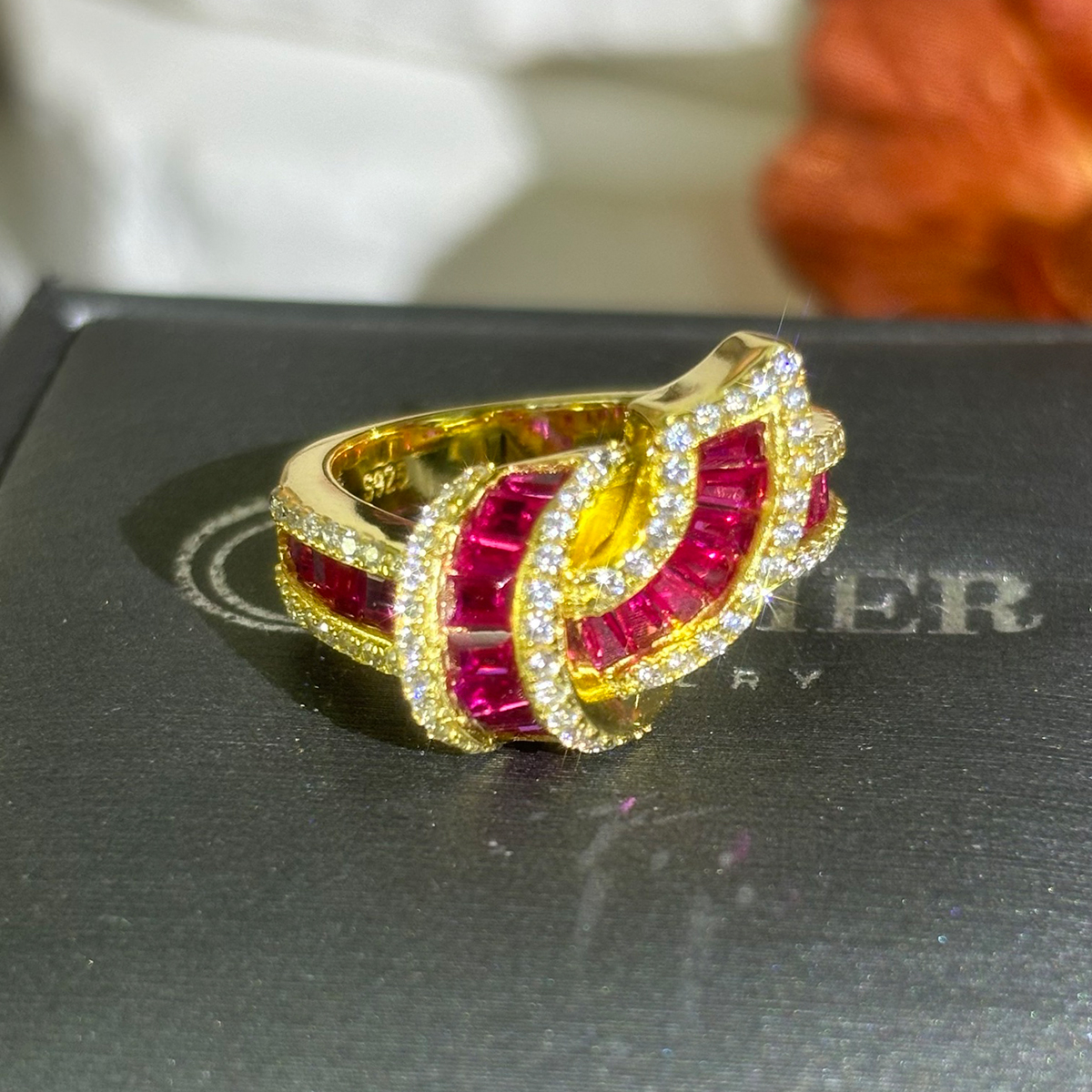 Knot Design 1.75ct Emerald Cut Ruby Wedding Band