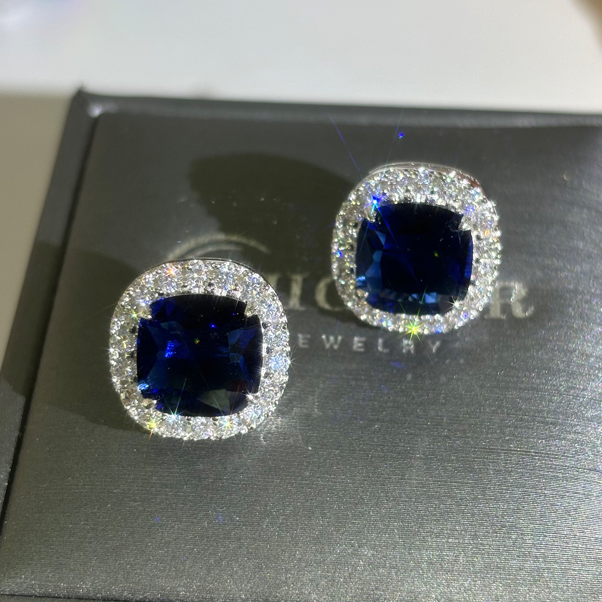 Blue Sapphire Cushion Cut Halo Stud Earrings