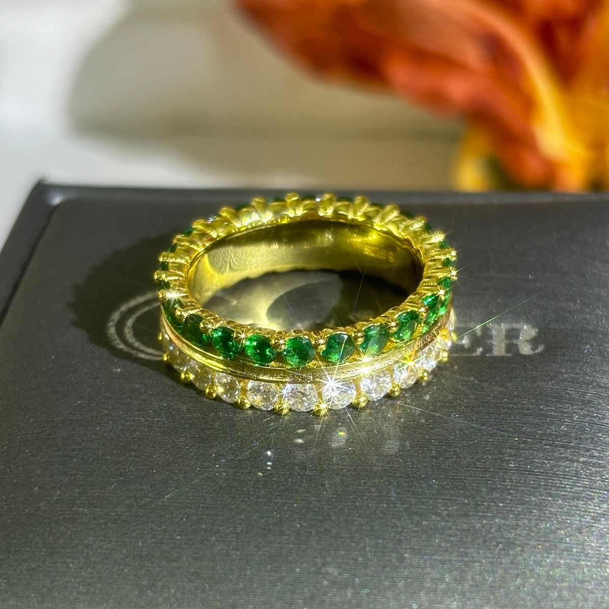 Emerald & White Sapphire Round Cut Two Color Band