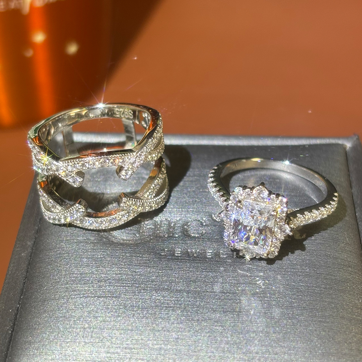 Radiant Cut Ring With Halo Diamond Matching Double Twisted Pave Set Wrap Enhancer Band / 2pcs