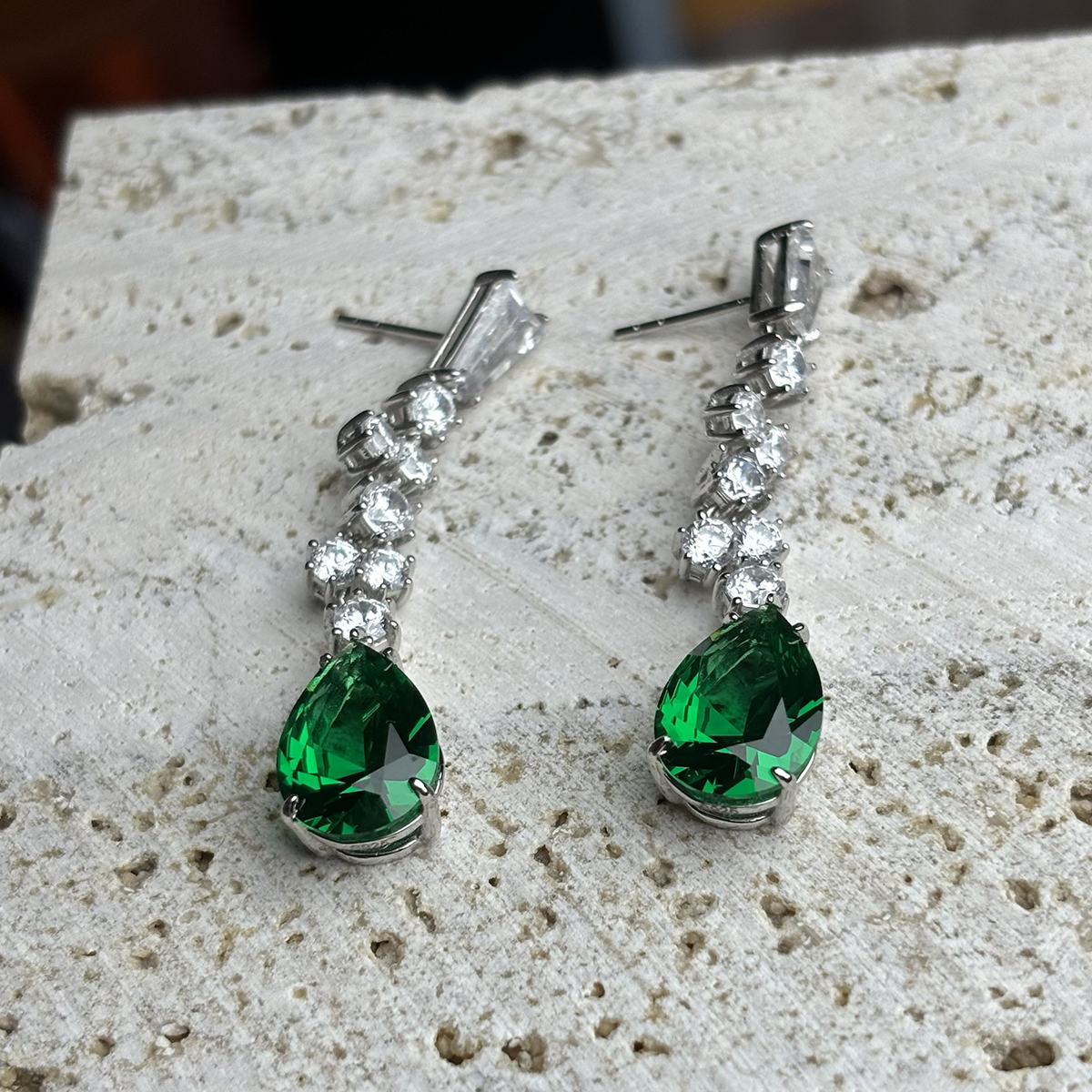 Two Tone White&Emerald Sapphire Drop Earrings