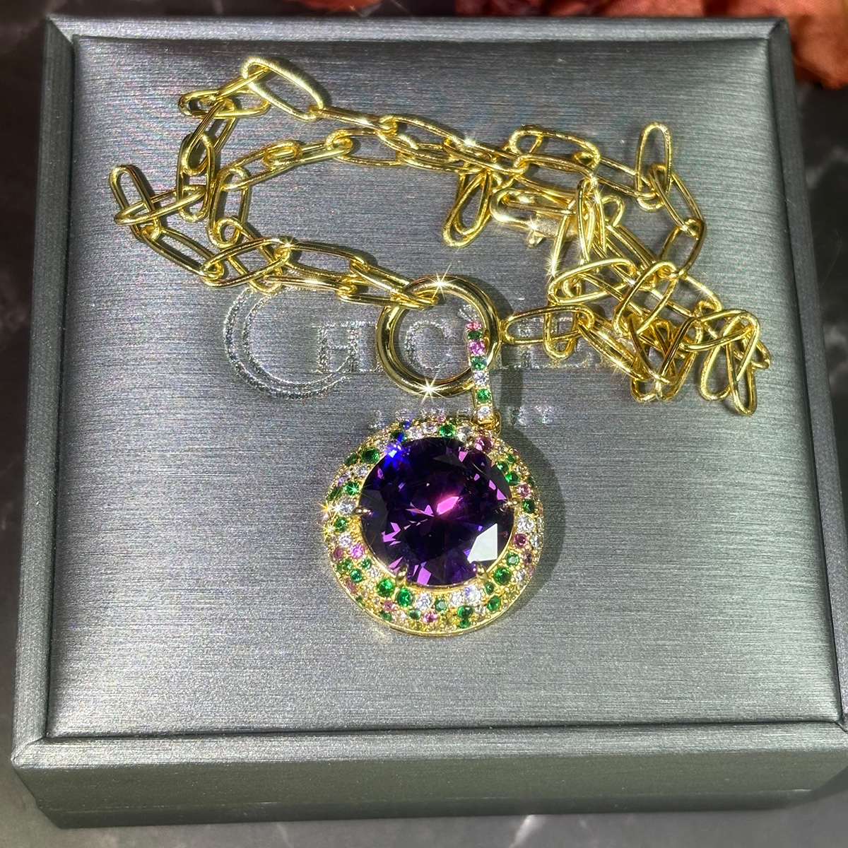 Round Cut Purple Sapphire Halo Pendant Necklace