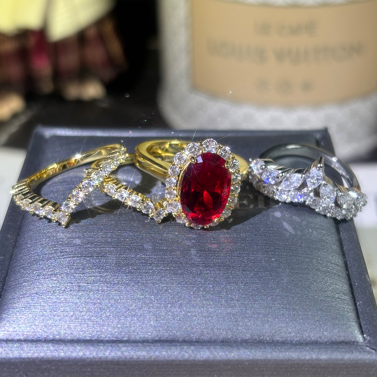 Halo 4ct Oval Cut Ruby Sapphire Wedding Set/4pcs