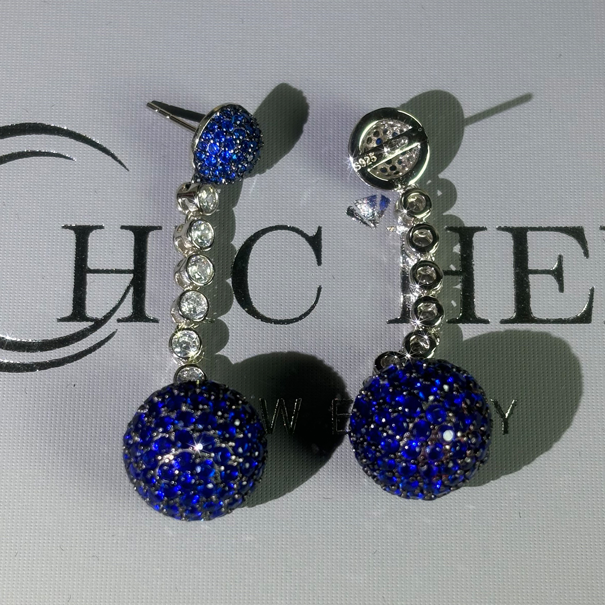 Ball Design Round Cut Sapphire&Diamond Dangle Earrings