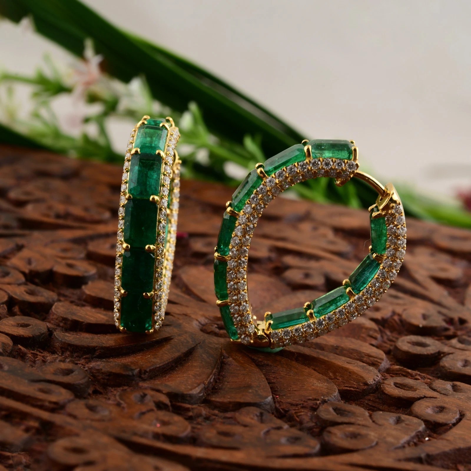 Emerald & White Sapphire Hoop Earrings