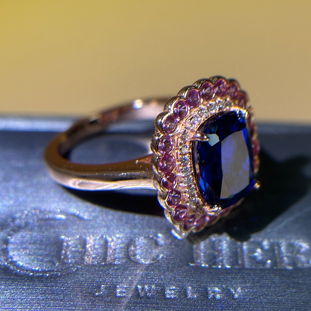 Double Halo 4ct Cushion Cut Blue Sapphire Ring