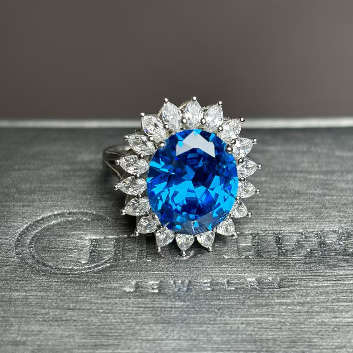 6ct Oval Cut Blue Sapphire Sunflower Engagement Ring