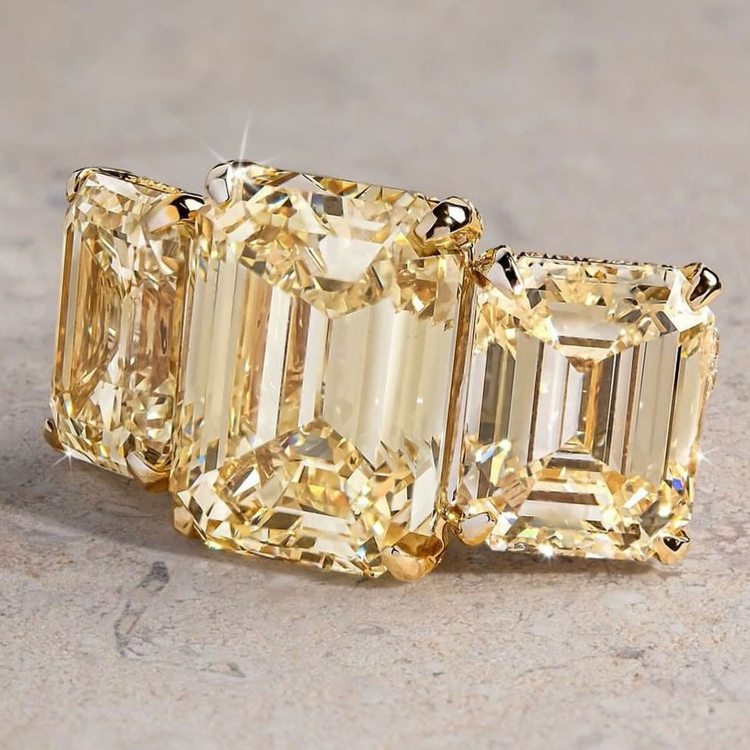 7ct Three Stone Emerald Cut Yellow Sapphire Engagement Ring