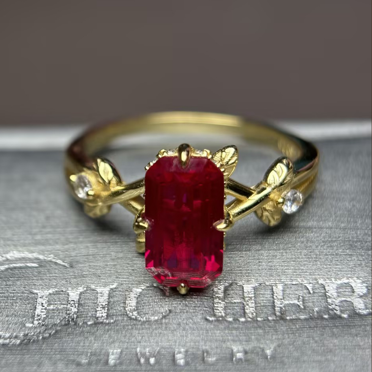 3ct Emerald Cut Ruby Sapphire Vine Engagement Ring