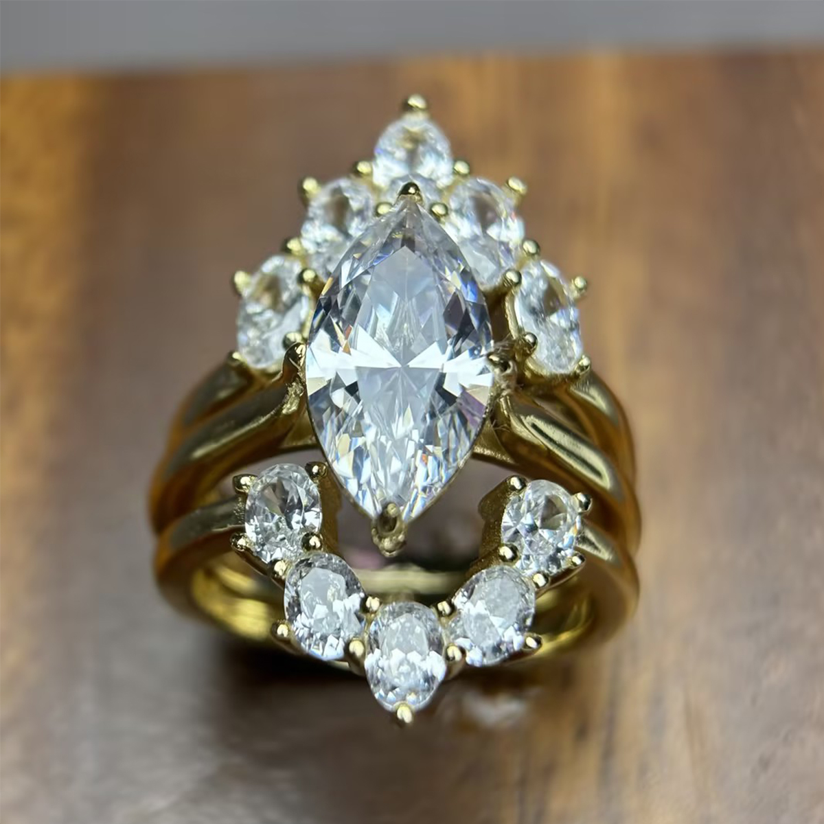 3ct Crown Design Marquise Cut White Sapphire Halo Ring Set / 3pcs