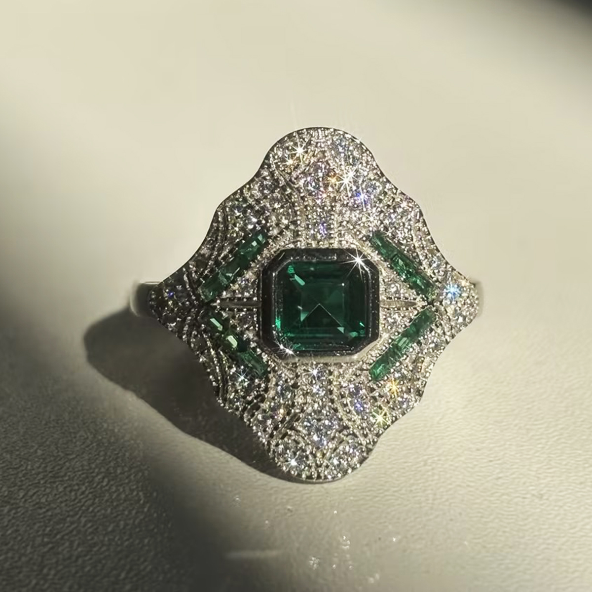 3ct Art Deco Asscher Cut Emerald Sapphire Engagement Ring