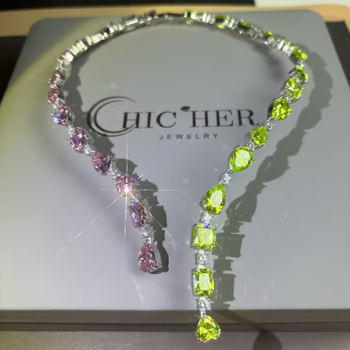 Open Design Multi-Cut Pink&Peridot Sapphire Necklace