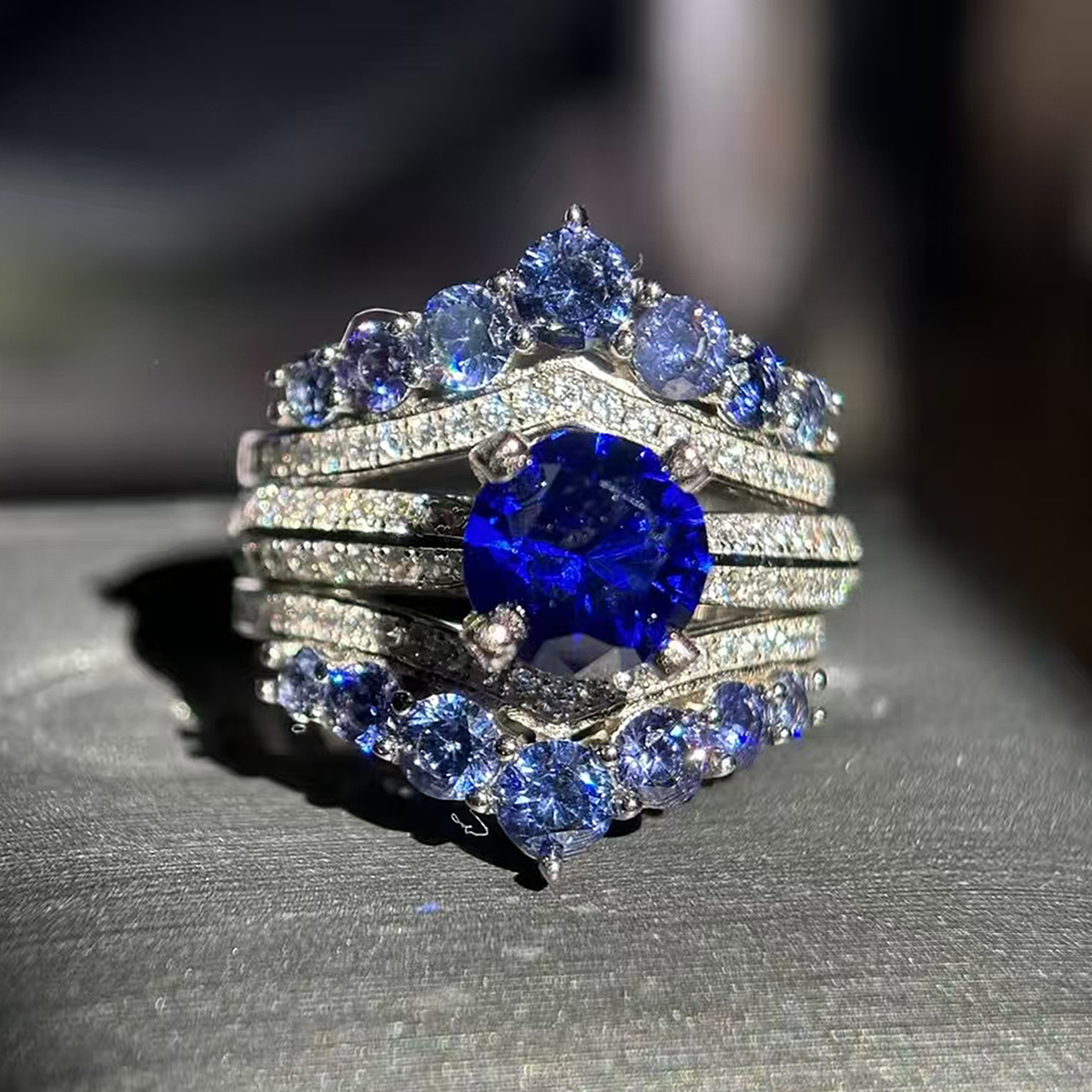 Dramatic Regal 3ct Round Cut Blue Sapphire Ring Set / 2 pieces