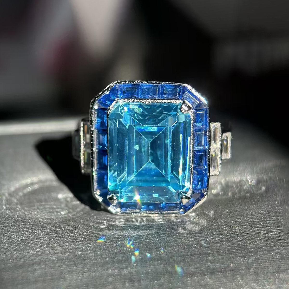 5ct Emerald Cut Aquamarine & Sapphire Cocktail Ring