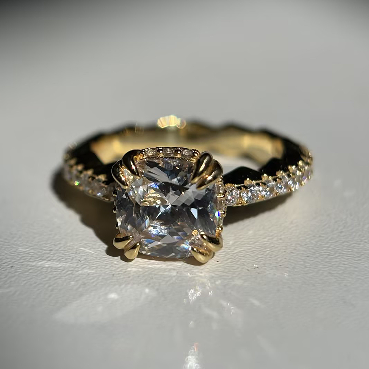 3ct Cushion Cut White & Emerald Sapphire Panther Claw Statement Ring