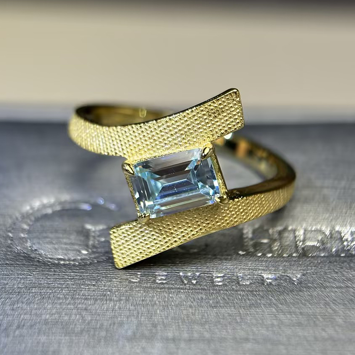 Minimalist Textured 2ct Emerald Cut Sky Blue Aquamarine Split Band