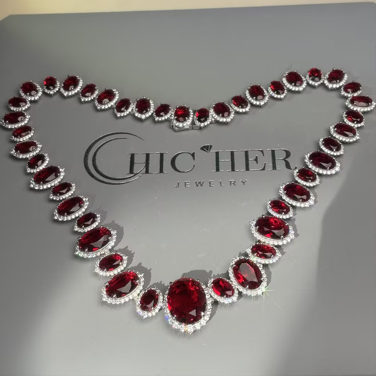 Oval Cut Vivid Red Ruby & White Sapphire Necklace