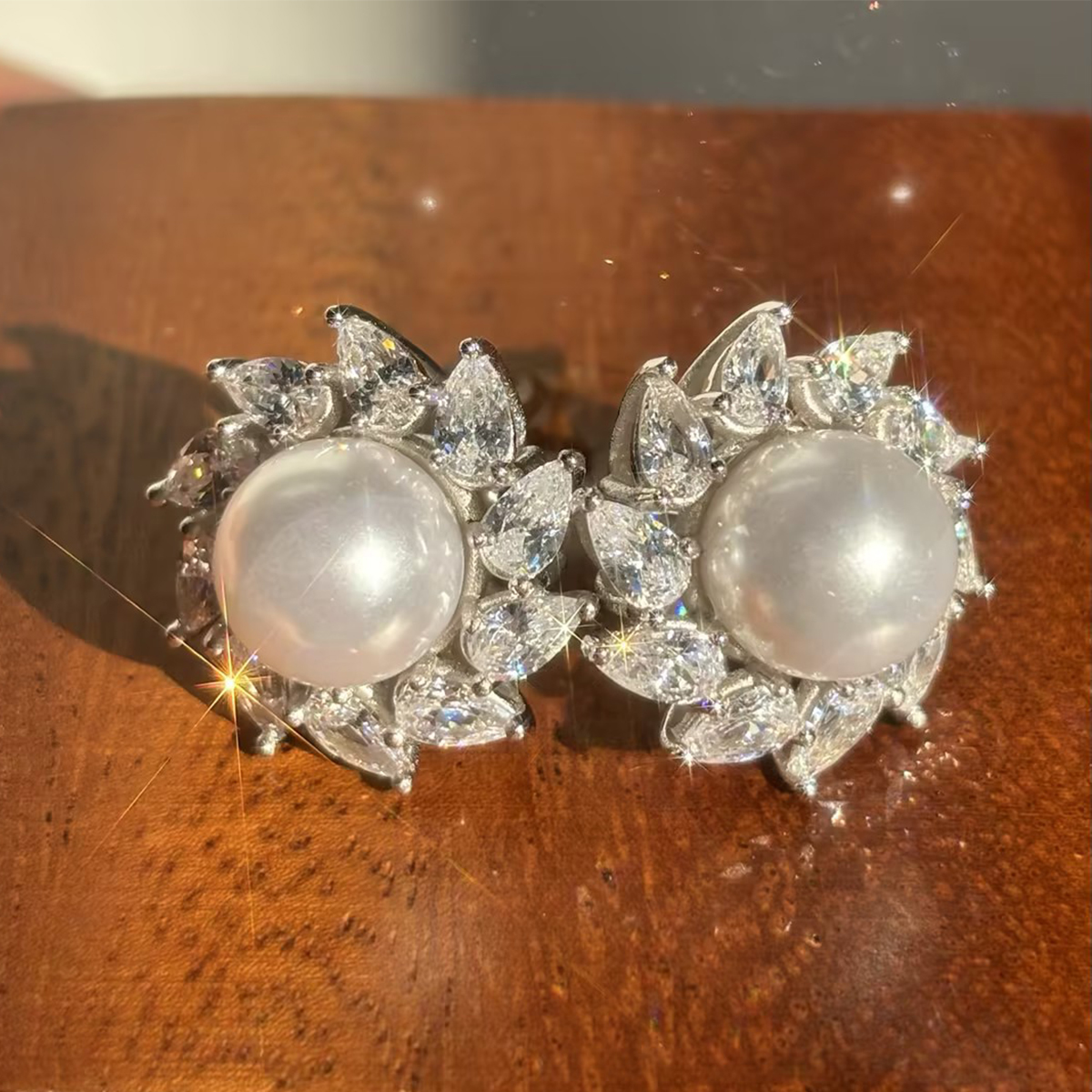 Pear Cut White Sapphire Pearl Stud Earrings
