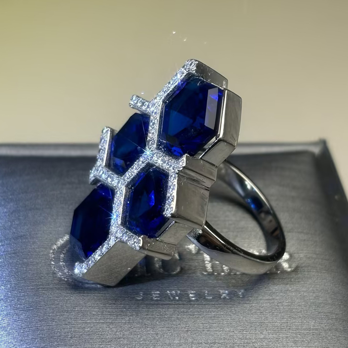 Geometric 12ctw Hexagon Cut Blue Sapphire Ring