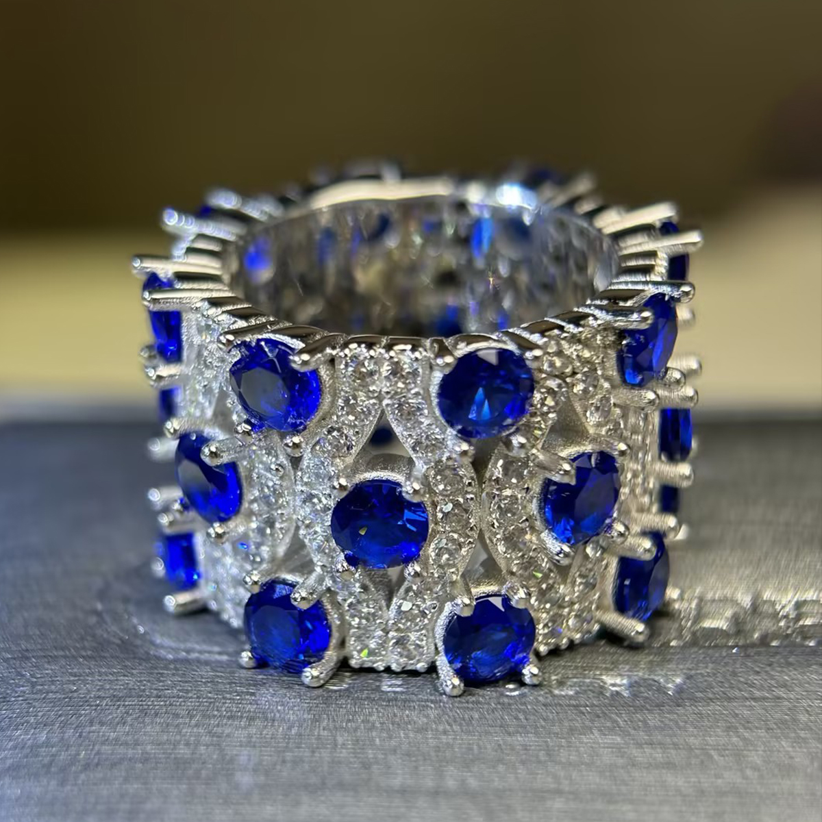 Grid Pattern Multi-Color Sapphire Round Cut Wide Wedding Band