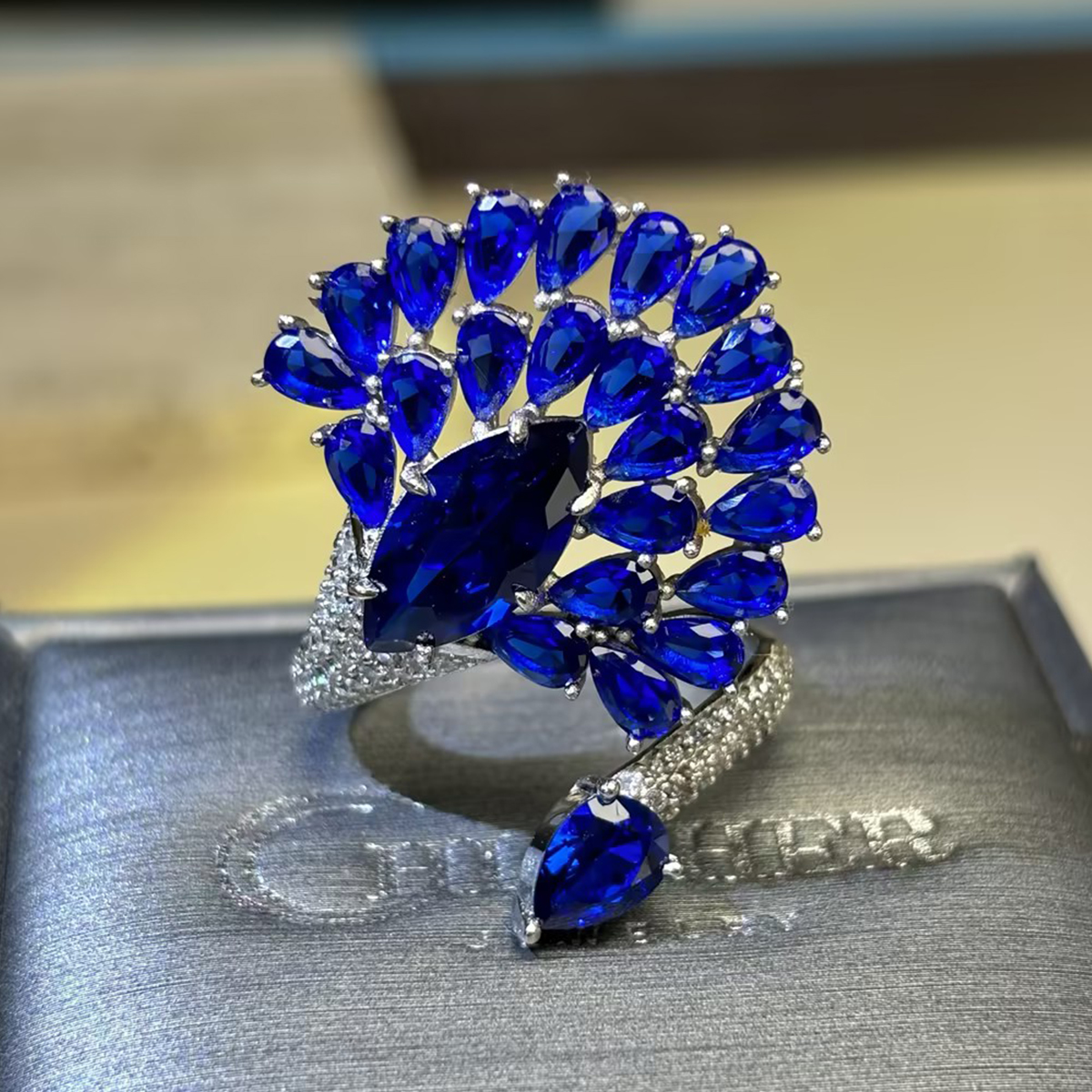 Fan Cluster Blue Sapphire Round & Pear Cut Cocktail Ring