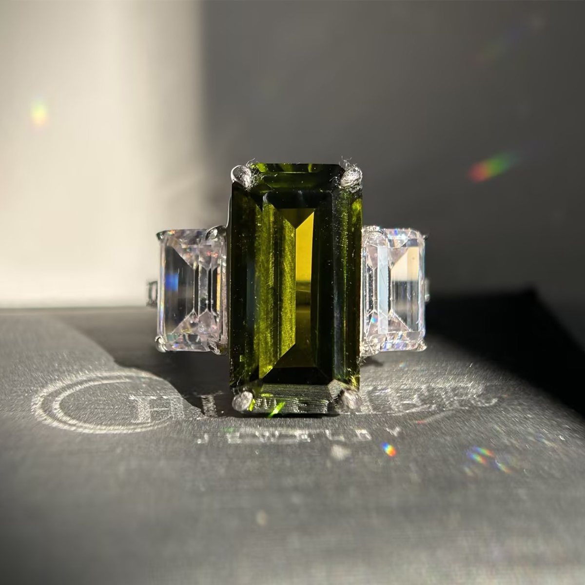 Three Stone 7ct Emerald Cut Deep Peridot Sapphire Ring