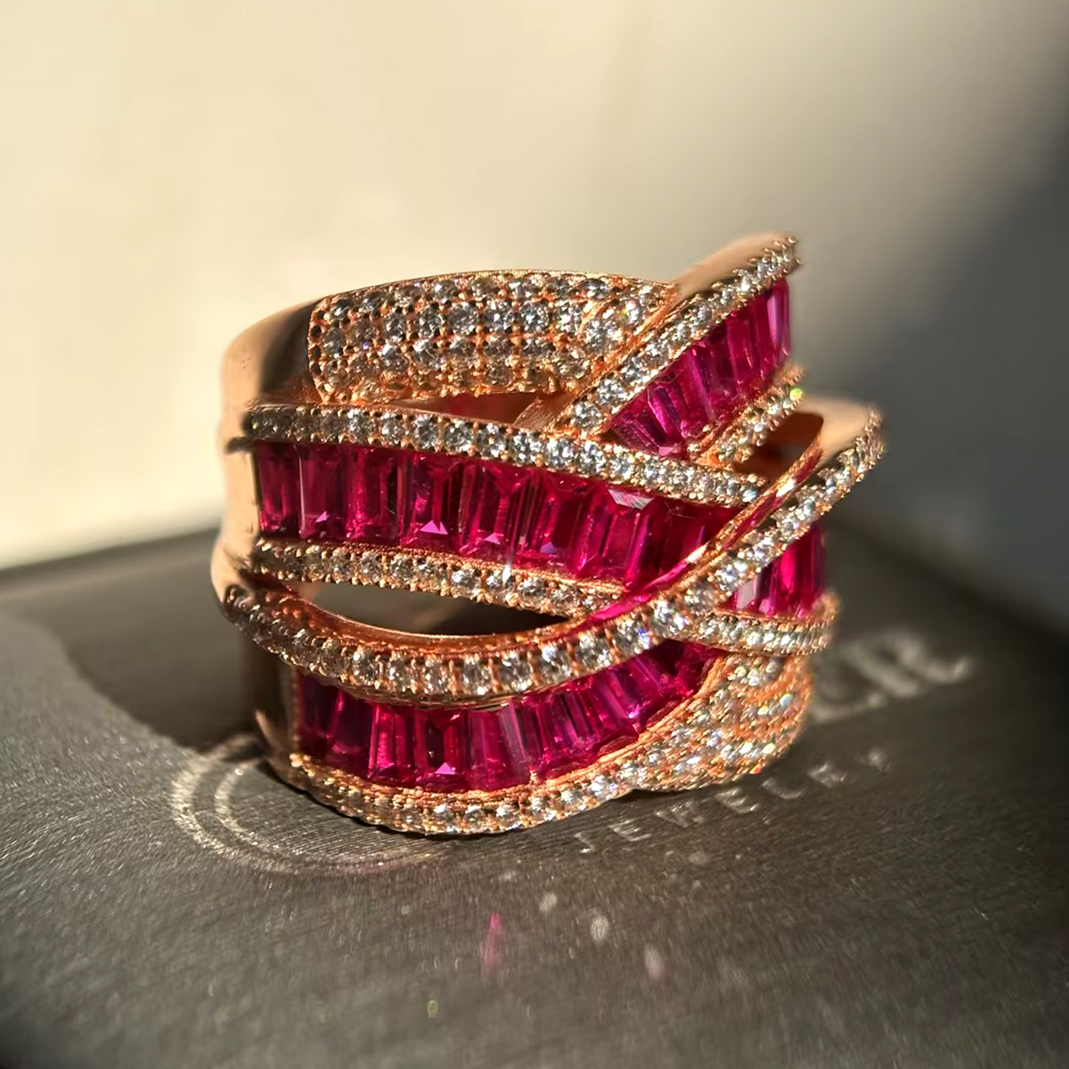 Twisted Pave Ruby & White Sapphire Emerald Cut Multi-Band