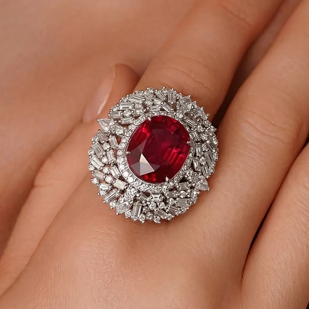 5.5ct Oval Cut Garnet & White Sapphire Multi-Halo Cocktail Ring