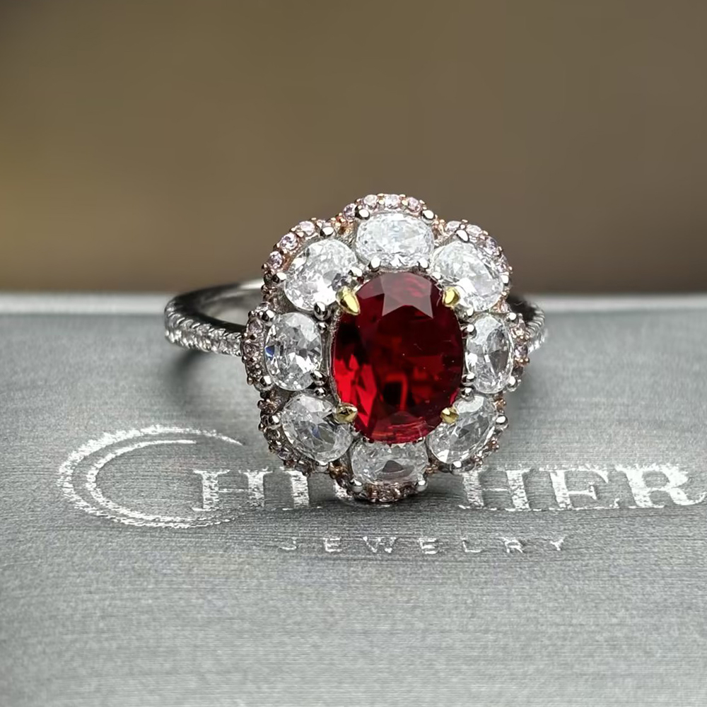 Romantic Floral 3ct Oval Cut Vivid Red Ruby & White Sapphire Statement Ring