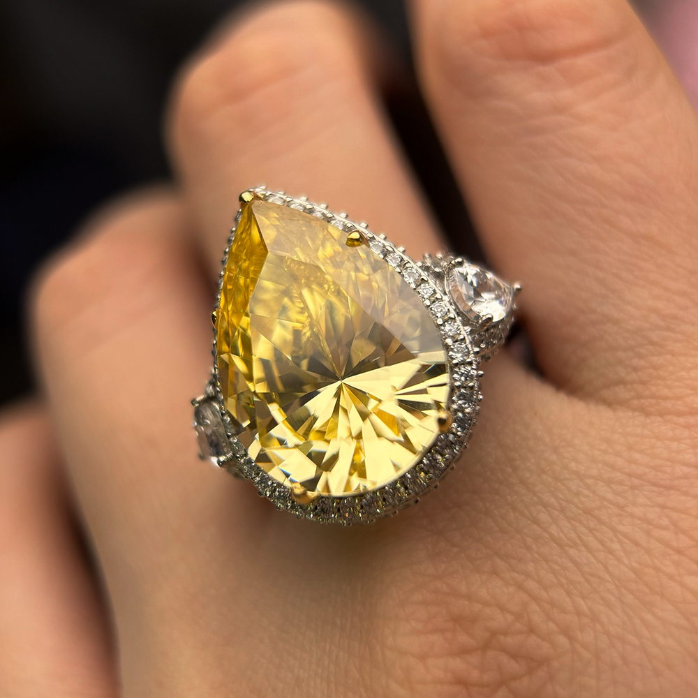 Halo Accent Yellow Sapphire Pear Cut Three-Stone Engagement Ring