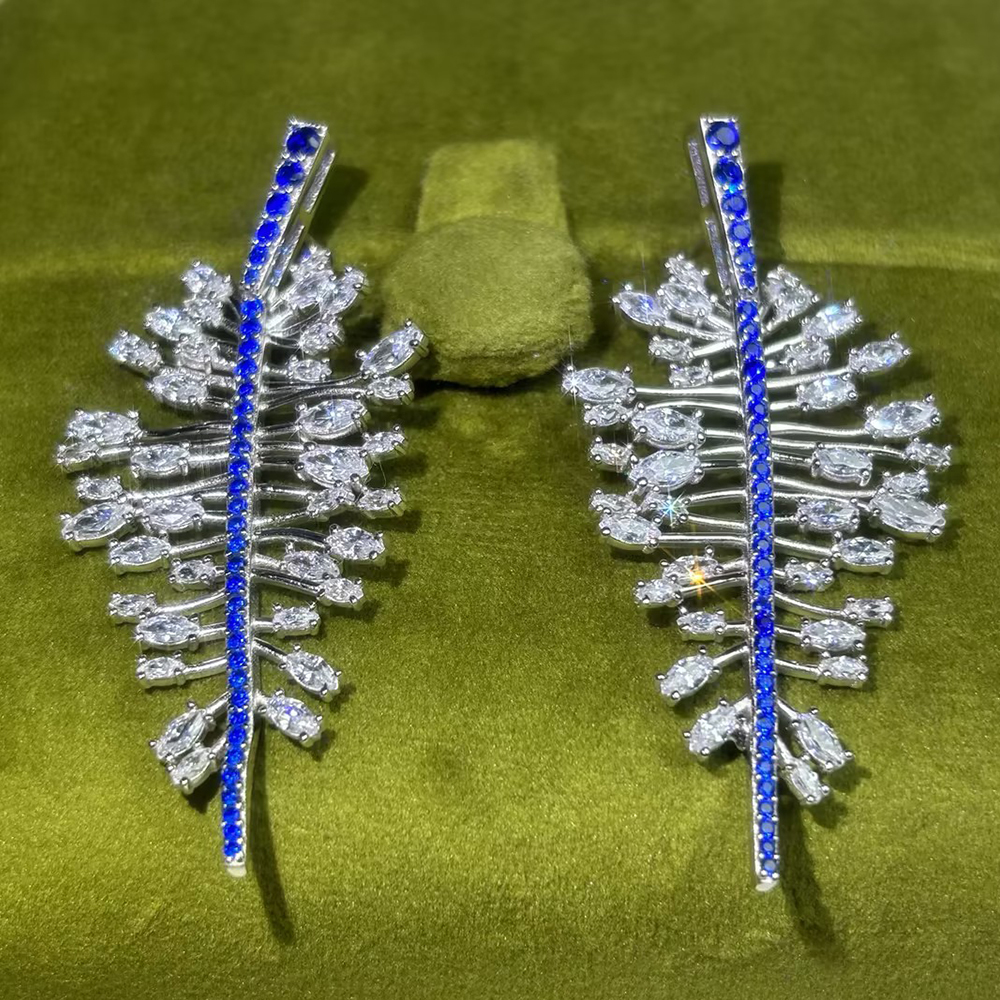 Blue Sapphire & White Sapphire Feather Drop Earrings